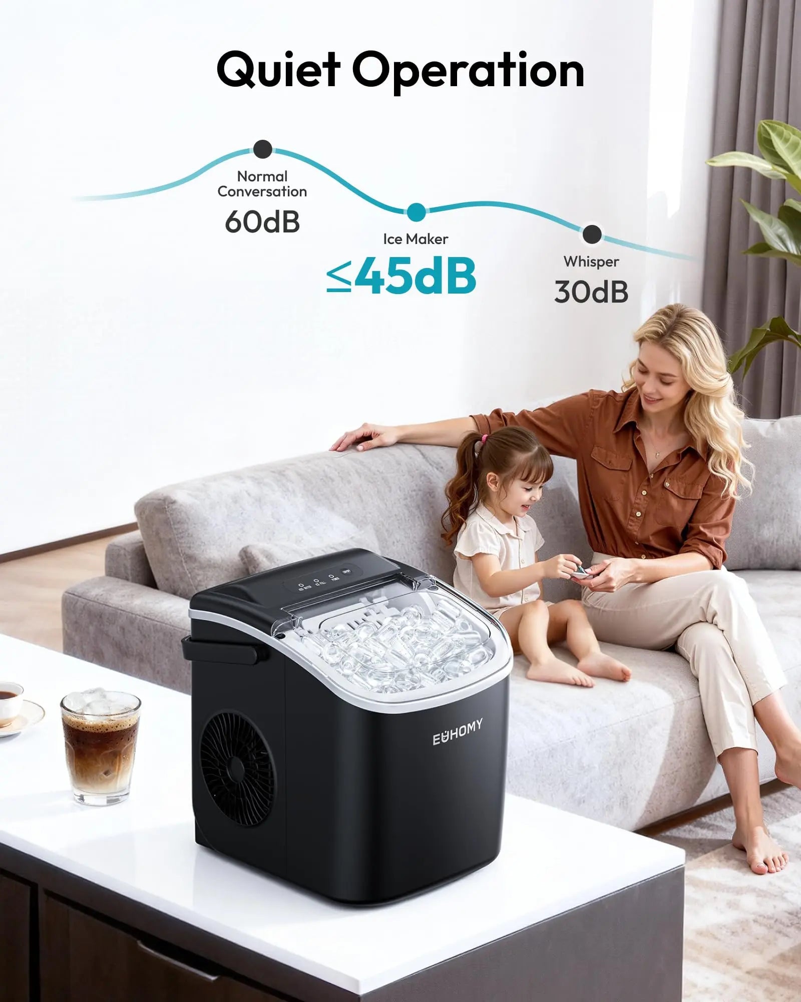 EUHOMY black countertop ice maker machine with handle, producing 26lbs of ice, featuring basket and scoop for easy use.