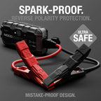 NOCO Boost GB40 jump starter with jumper cables, portable power bank for 6.0L gas and 3.0L diesel engines.