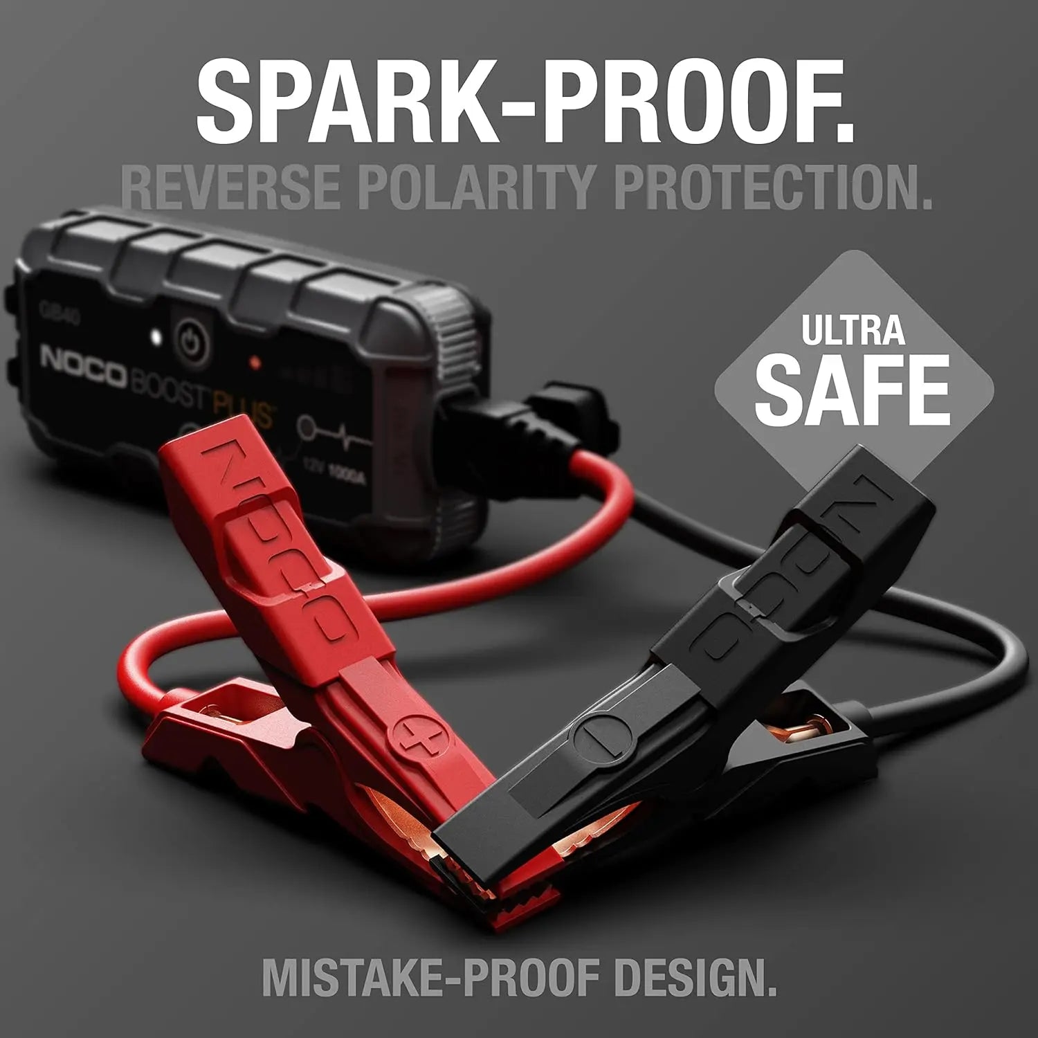 NOCO Boost GB40 jump starter with jumper cables, portable power bank for 6.0L gas and 3.0L diesel engines.