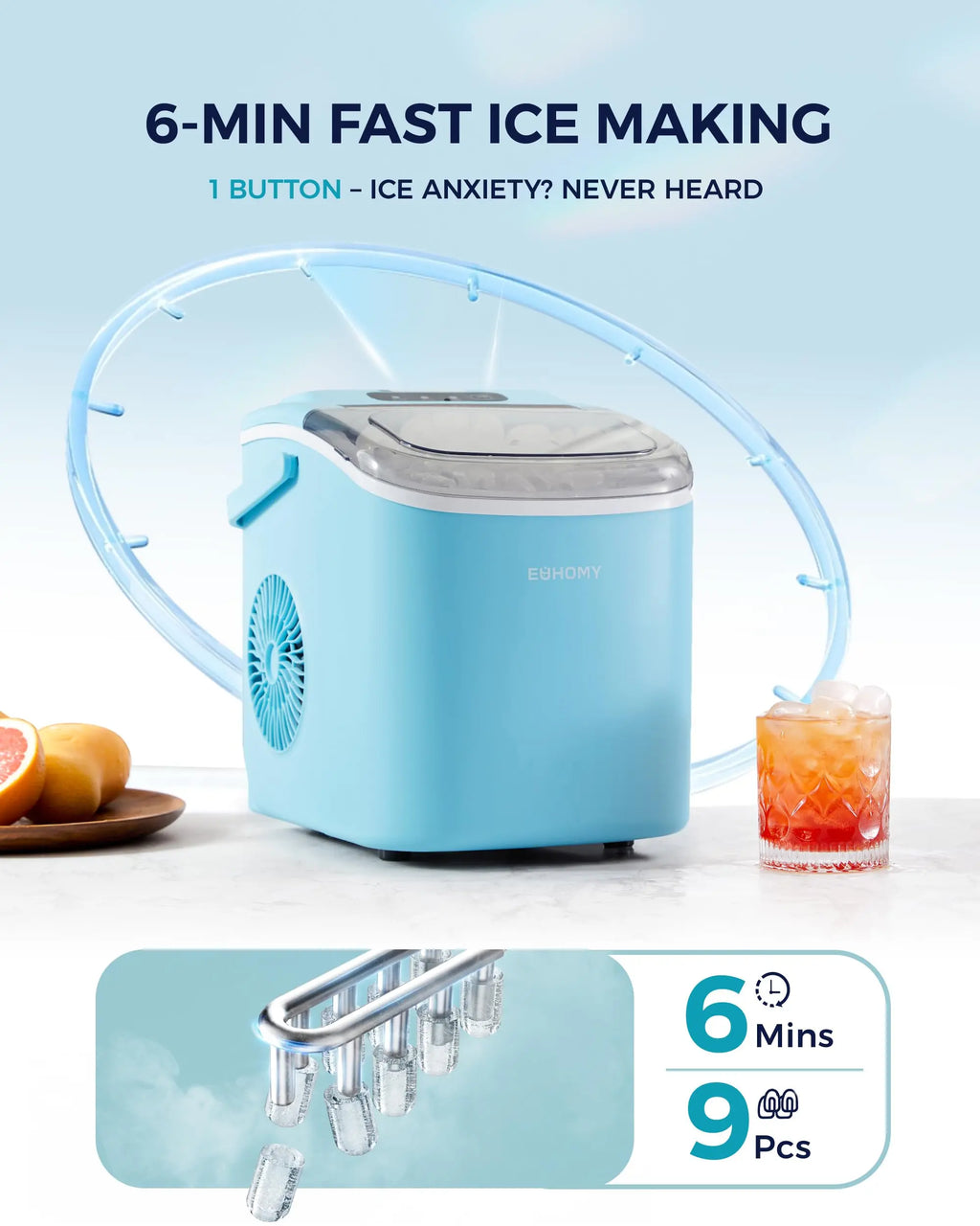 EUHOMY countertop ice maker machine in black, showcasing handle, basket, and scoop, producing 26 lbs of ice in 24 hours.