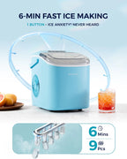 EUHOMY countertop ice maker machine in black, showcasing handle, basket, and scoop, producing 26 lbs of ice in 24 hours.