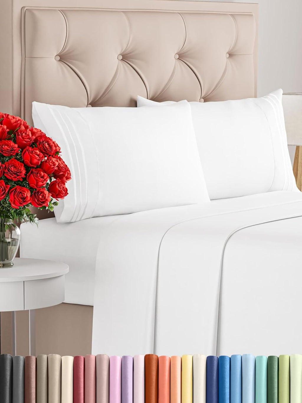 CGK Unlimited white queen sheet set featuring deep pockets and a soft, breathable, wrinkle-free fabric.
