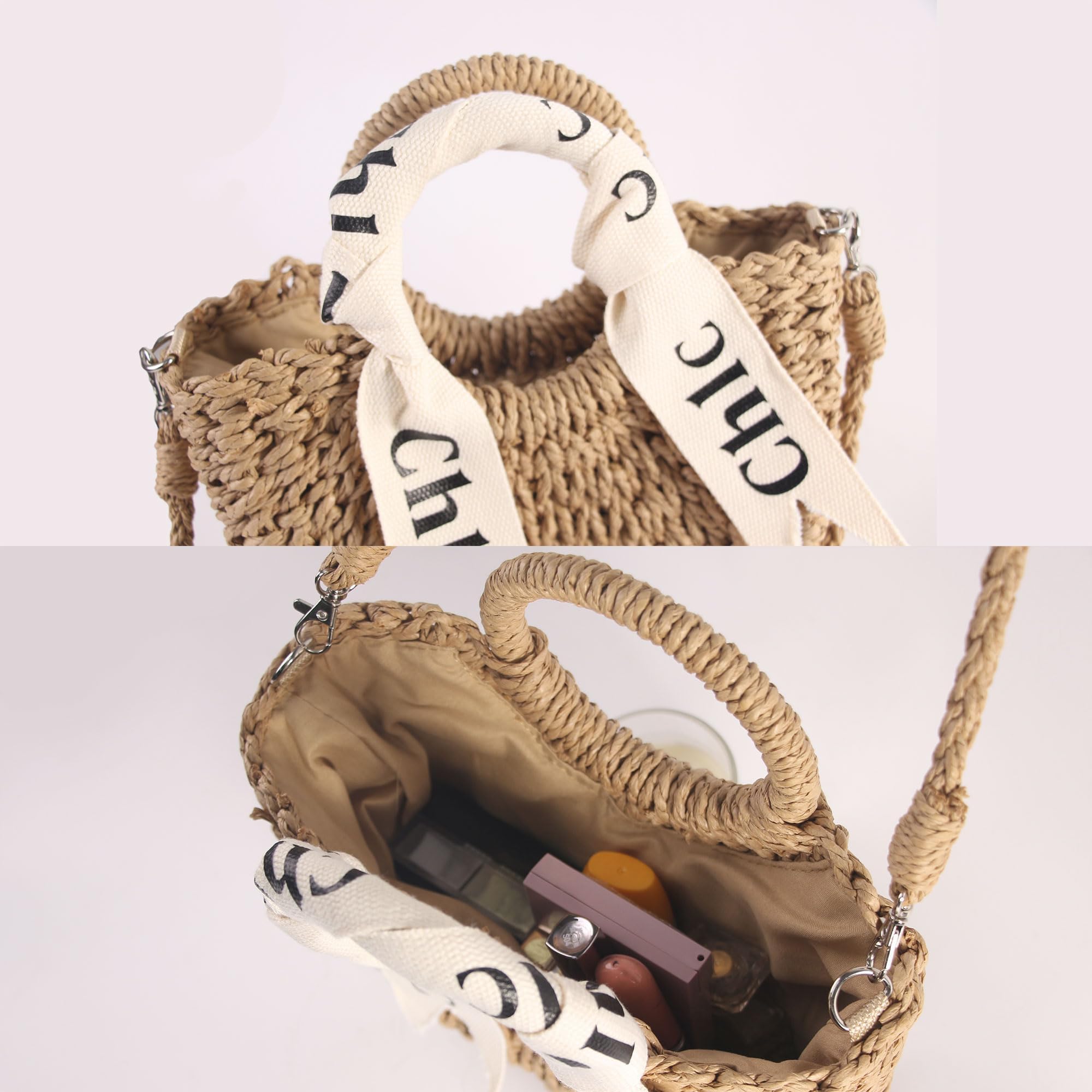 Eiyye off-white woven tote purse, perfect for summer beach outings, featuring a stylish shoulder strap design.
