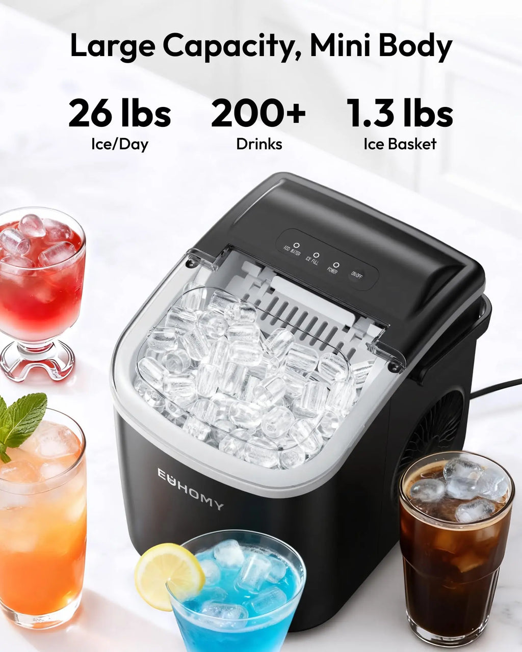 EUHOMY black countertop ice maker machine with handle, producing 26lbs of ice in 24 hours, shown with basket and scoop.