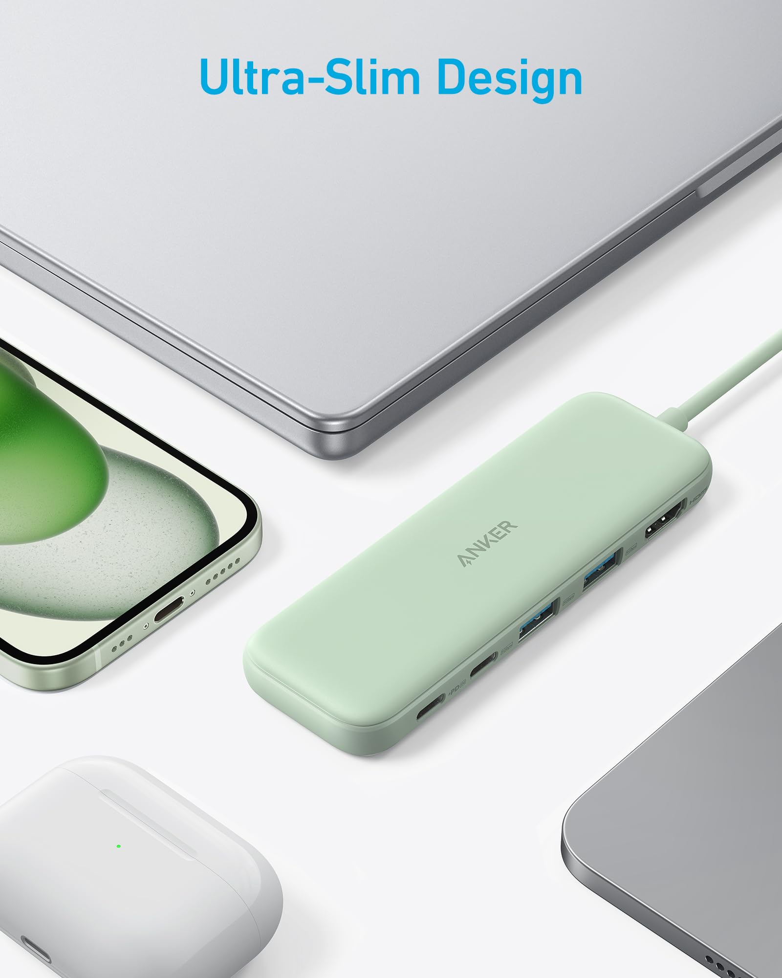 Anker 5-in-1 USB C hub featuring HDMI splitter and USB-A ports, designed for MacBook and Dell laptops.