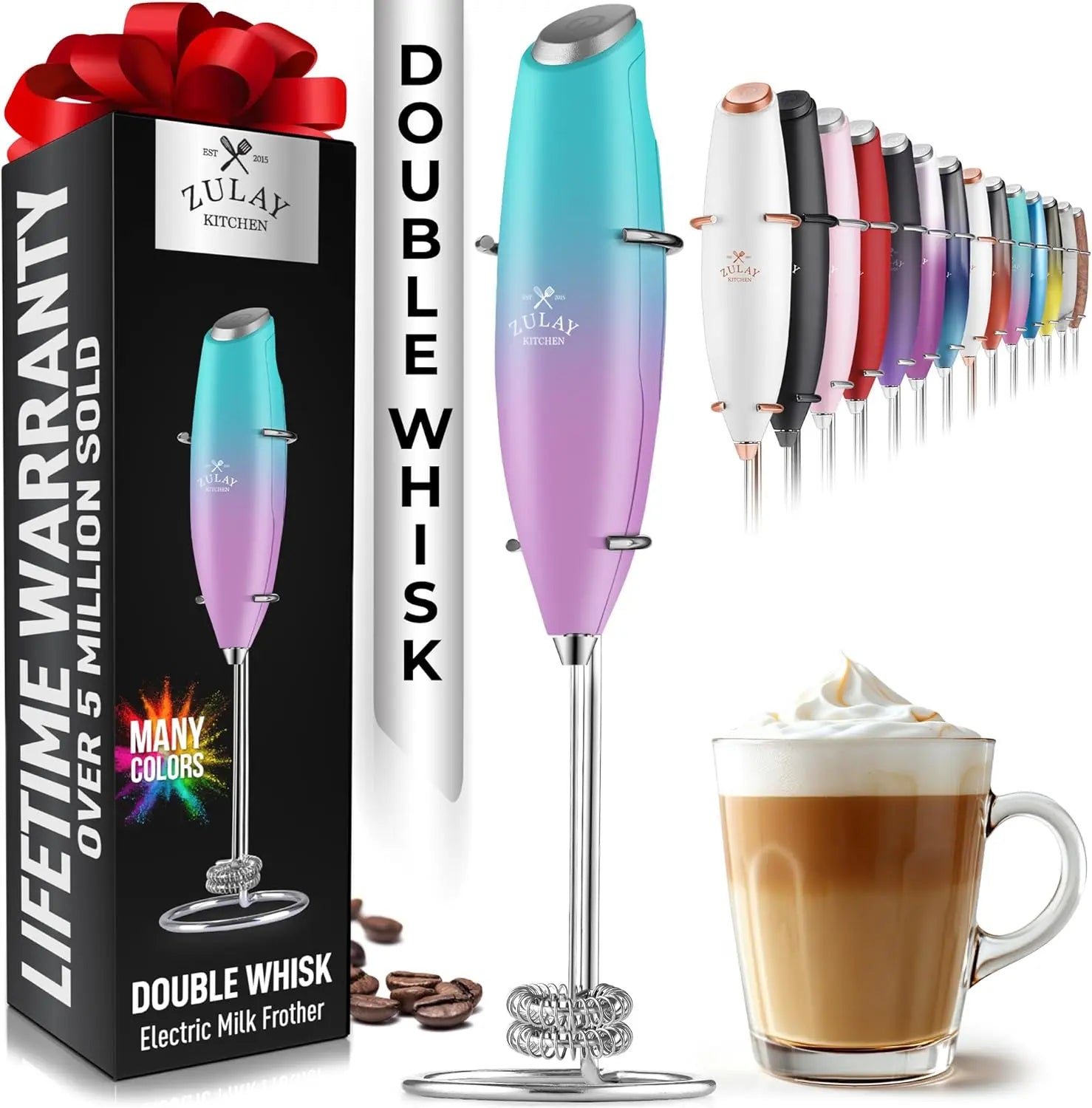 Zulay handheld milk frother in silver with a titanium motor, ideal for lattes, matcha, and coffee blending.