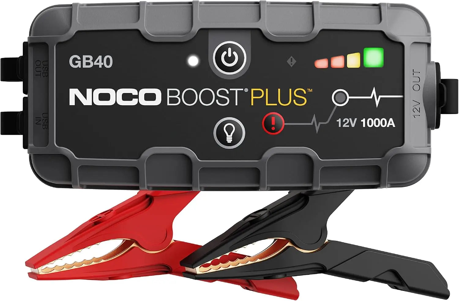 NOCO Boost GB40 jump starter with jumper cables, portable design, for 6.0L gas and 3.0L diesel engines.