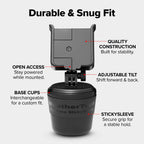 WeatherTech CupFone black phone mount in car cup holder, featuring adjustable fit and open access for charging.