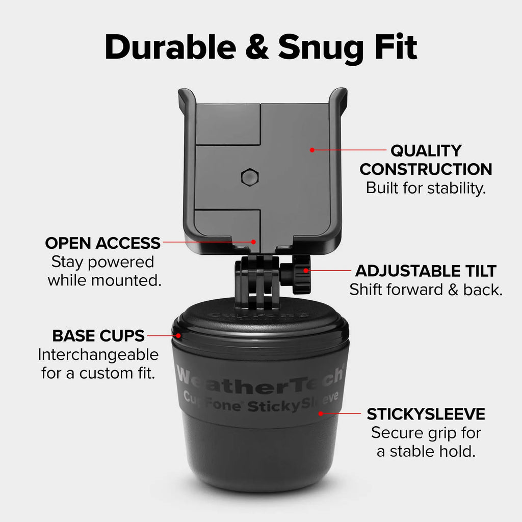 WeatherTech CupFone phone mount in black, fitting securely in a cup holder, showcasing adjustable design and open access for charging.