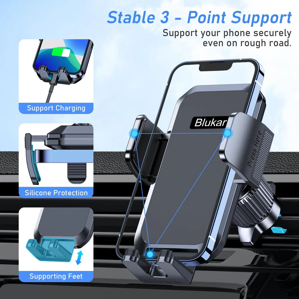 Blukar car phone holder mount with metal hook clip, 360° rotation, and one button release for smartphones.
