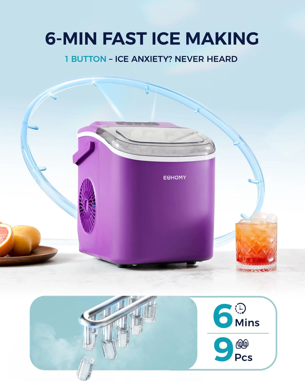 EUHOMY black countertop ice maker machine with handle, producing 26 lbs of ice in 24 hours, displayed with basket and scoop.