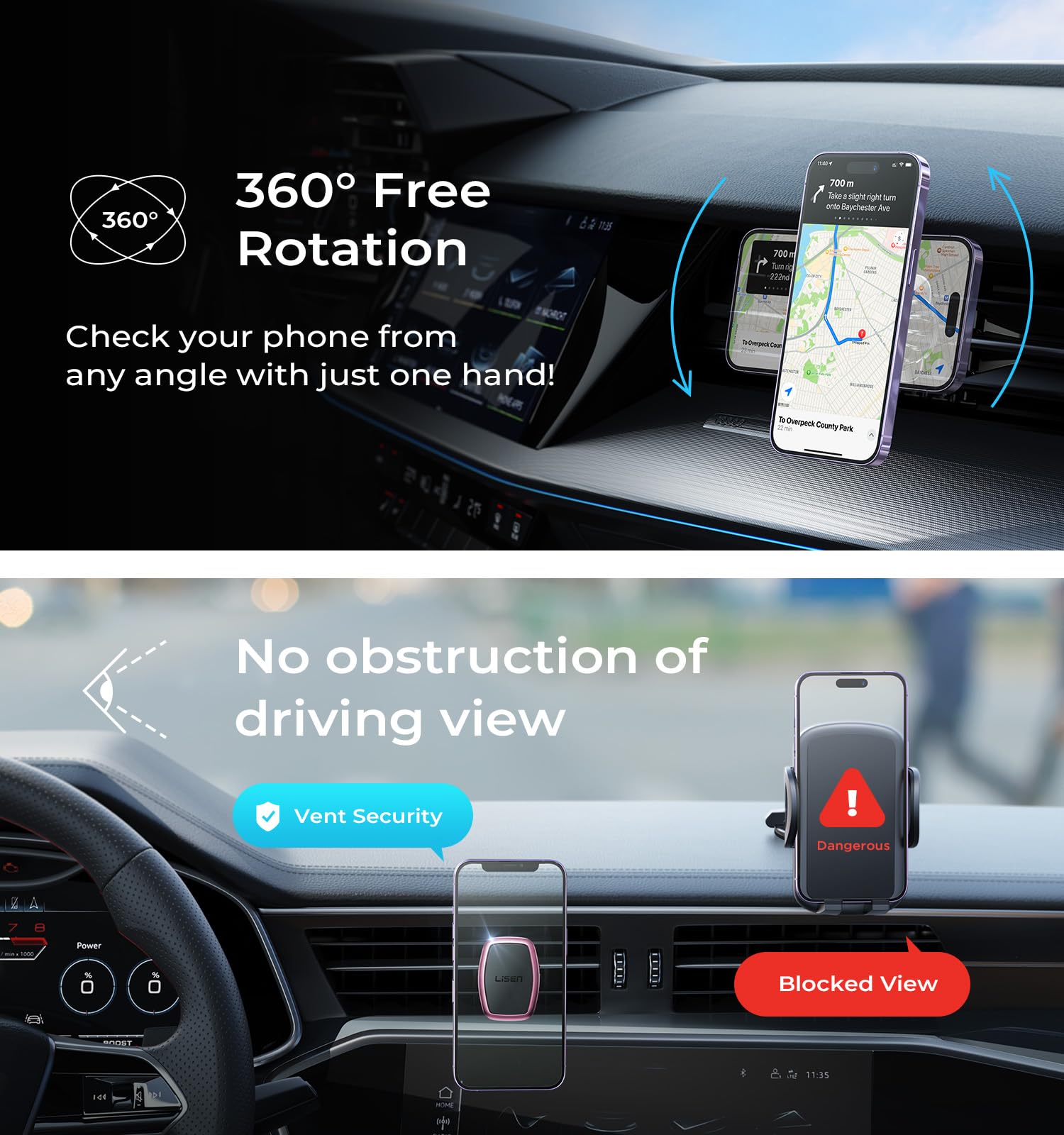 LISEN magnetic phone holder for car, featuring upgraded clip and strong magnets, compatible with Galaxy S25 Ultra smartphones.