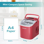 EUHOMY black countertop ice maker machine with handle, producing 26lbs of ice in 24 hours, shown with basket and scoop.