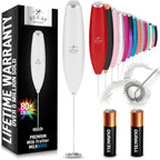 Zulay handheld milk frother in silver, featuring a titanium motor, perfect for lattes, matcha, and coffee blending.