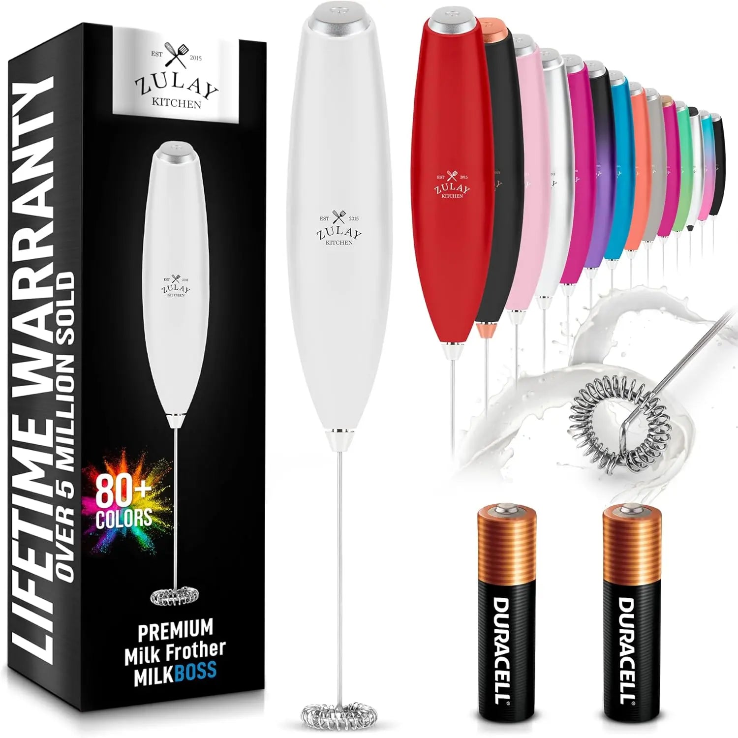 Zulay handheld milk frother in silver, featuring a titanium motor, perfect for lattes, matcha, and coffee blending.