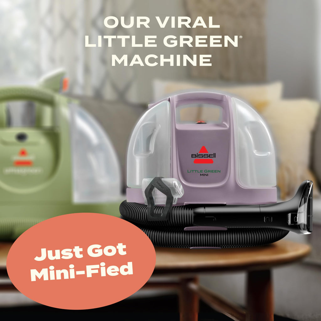 BISSELL Little Green Mini Portable Carpet Cleaner in Tea Green with HydroRinse Tool and 4" Tough Stain Tool for upholstery.