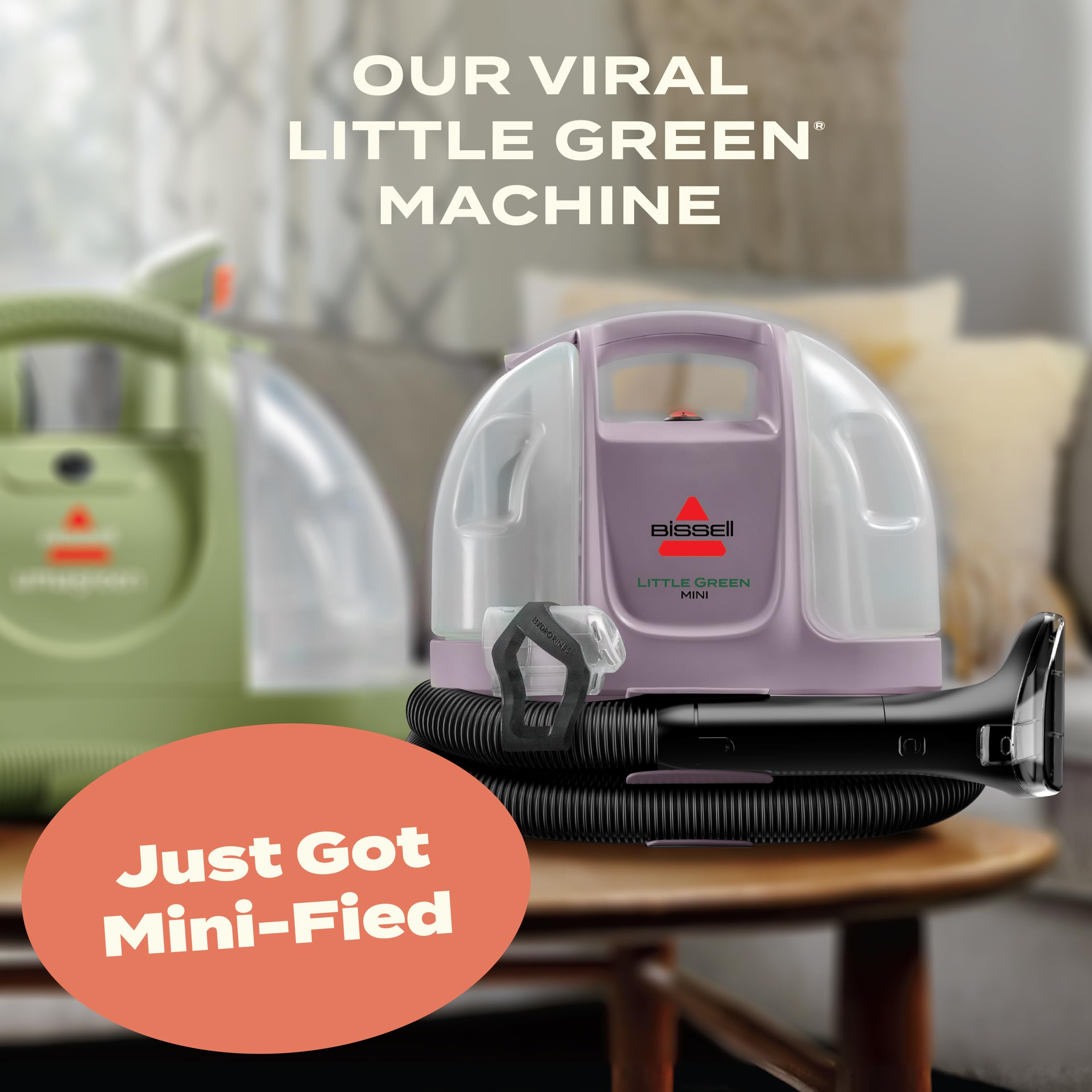 BISSELL Little Green Mini Portable Carpet Cleaner in Tea Green with HydroRinse Tool and 4" Tough Stain Tool for upholstery.