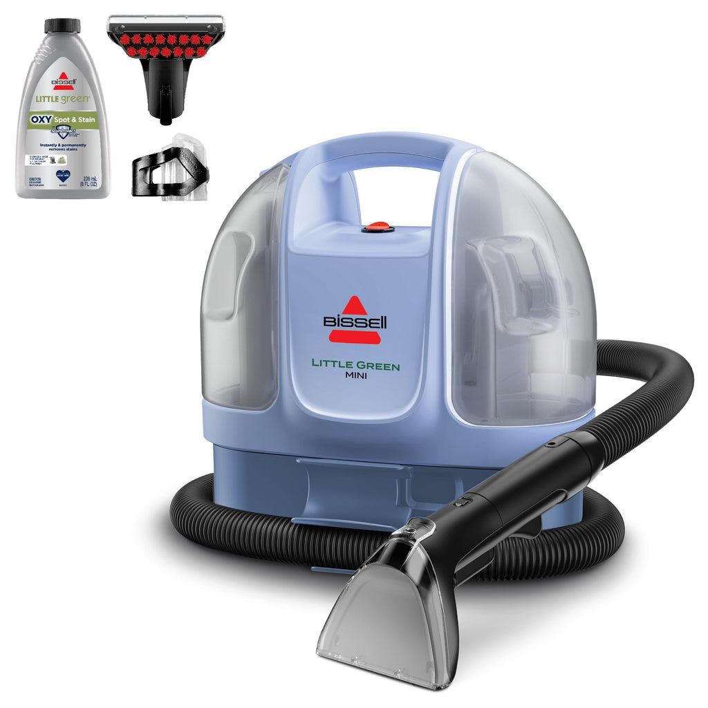 BISSELL Little Green Mini Portable Deep Cleaner in tea green with HydroRinse tool and 4" tough stain tool for upholstery.