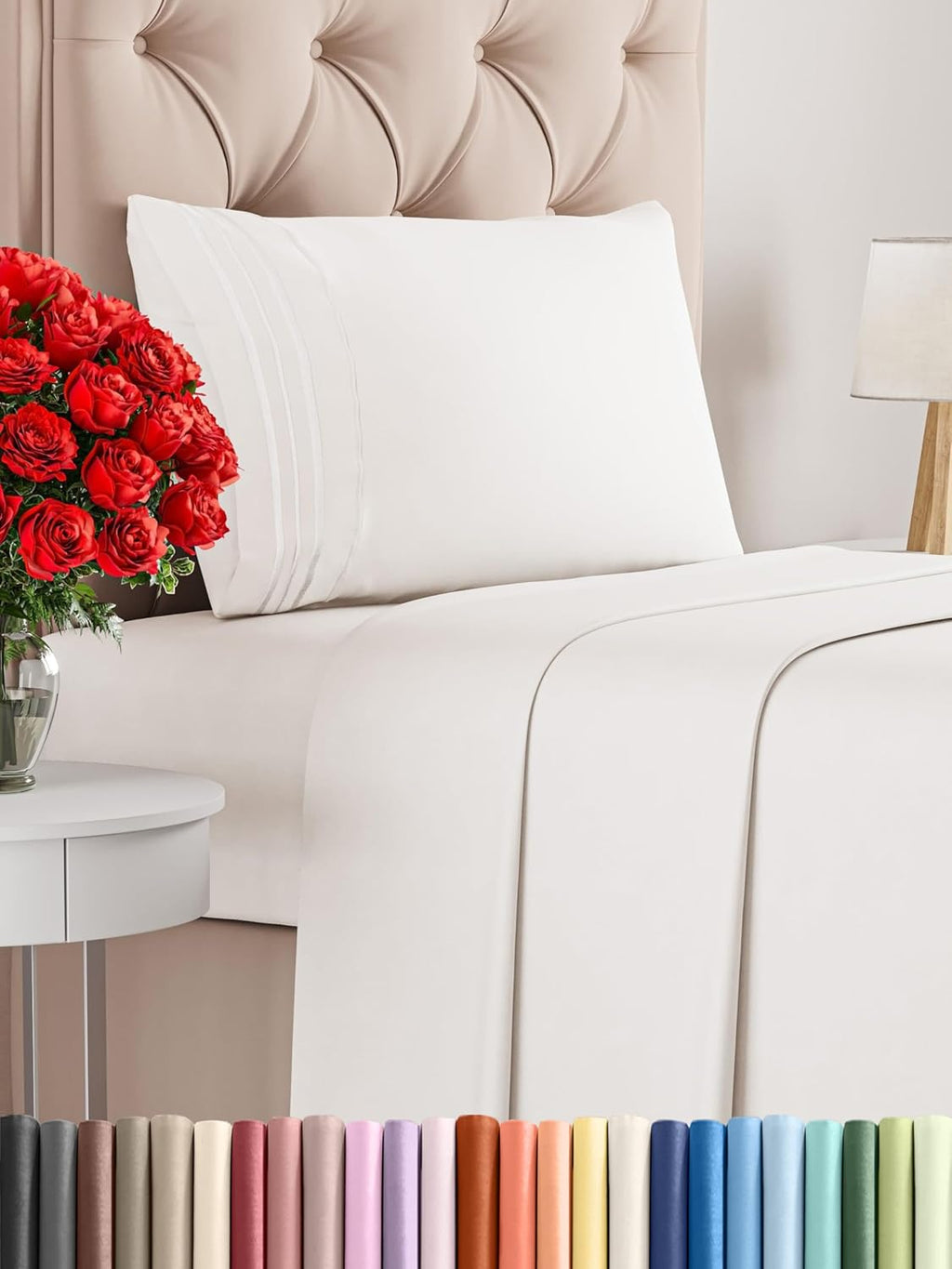 CGK Unlimited 4 piece white sheet set with deep pockets, soft texture, and wrinkle-free finish for queen size beds.
