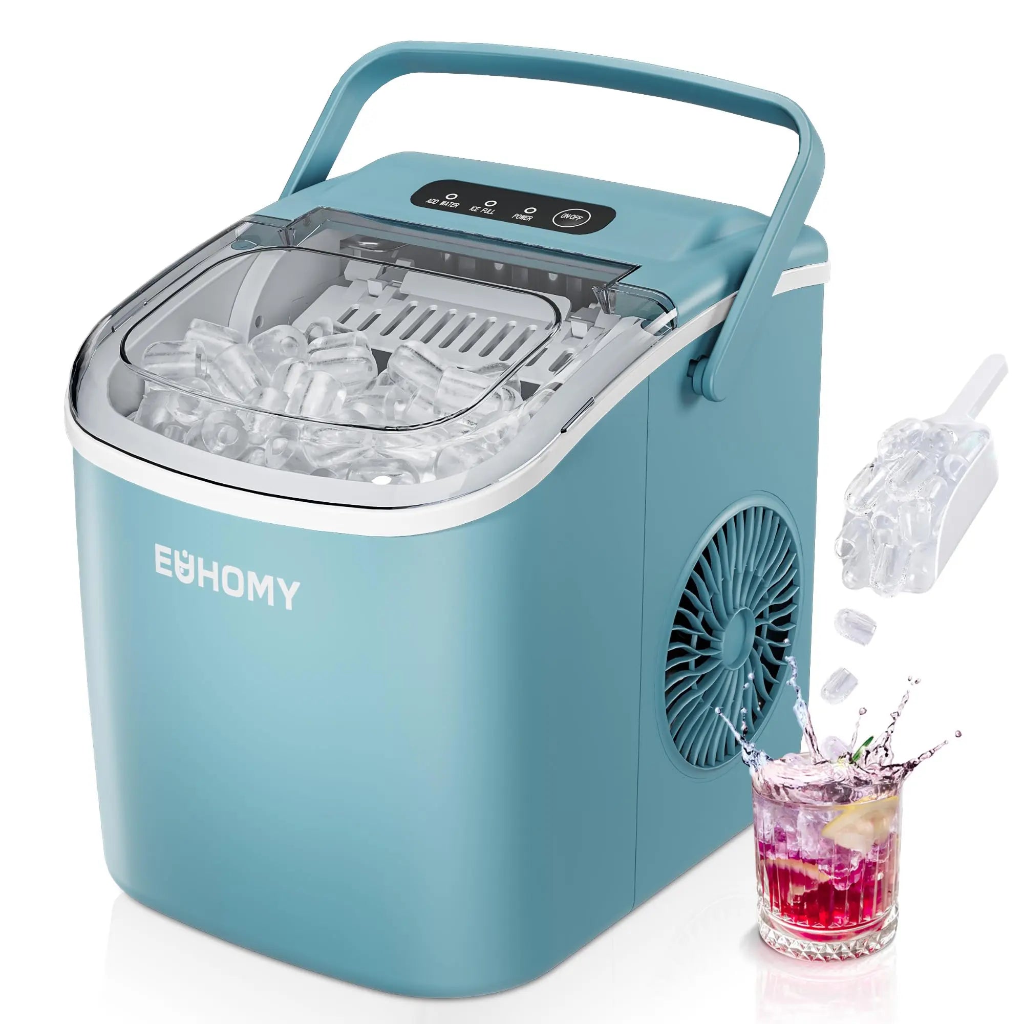 EUHOMY black countertop ice maker machine with handle, producing 26 lbs of ice in 24 hours, shown with basket and scoop.