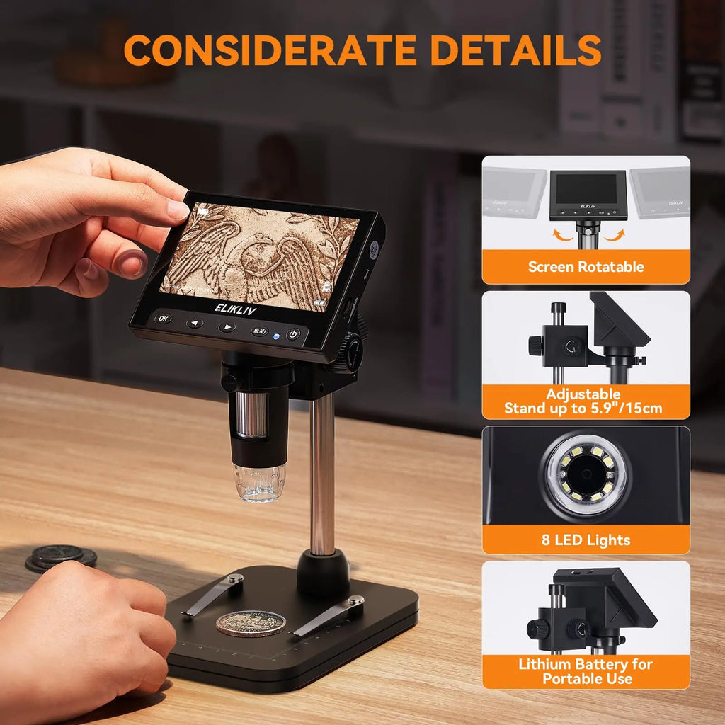 Elikliv LCD digital coin microscope with 1000x magnification and 8 LED lights, featuring a 4.3-inch display.