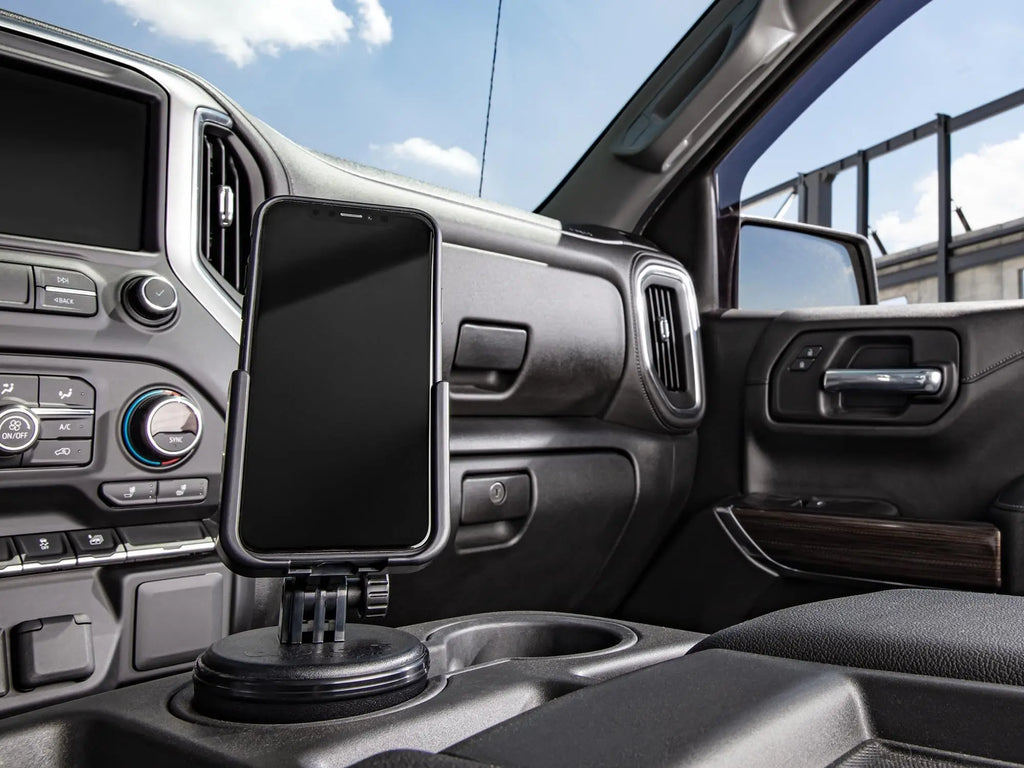 WeatherTech CupFone universal cup holder phone mount in black, securely holds iPhone or Android with adjustable fit.