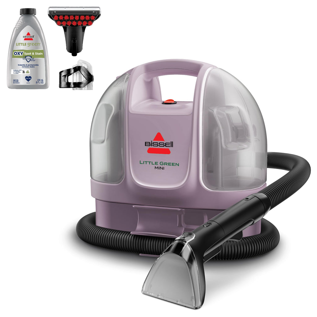 BISSELL Little Green Mini portable carpet cleaner in tea green with HydroRinse tool and 4" tough stain tool.