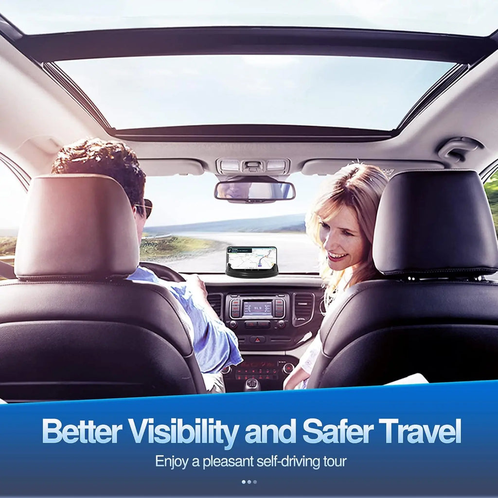 Black Loncaster car phone holder on a dashboard, securely holding an iPhone and GPS device in a slip-free silicone pad.