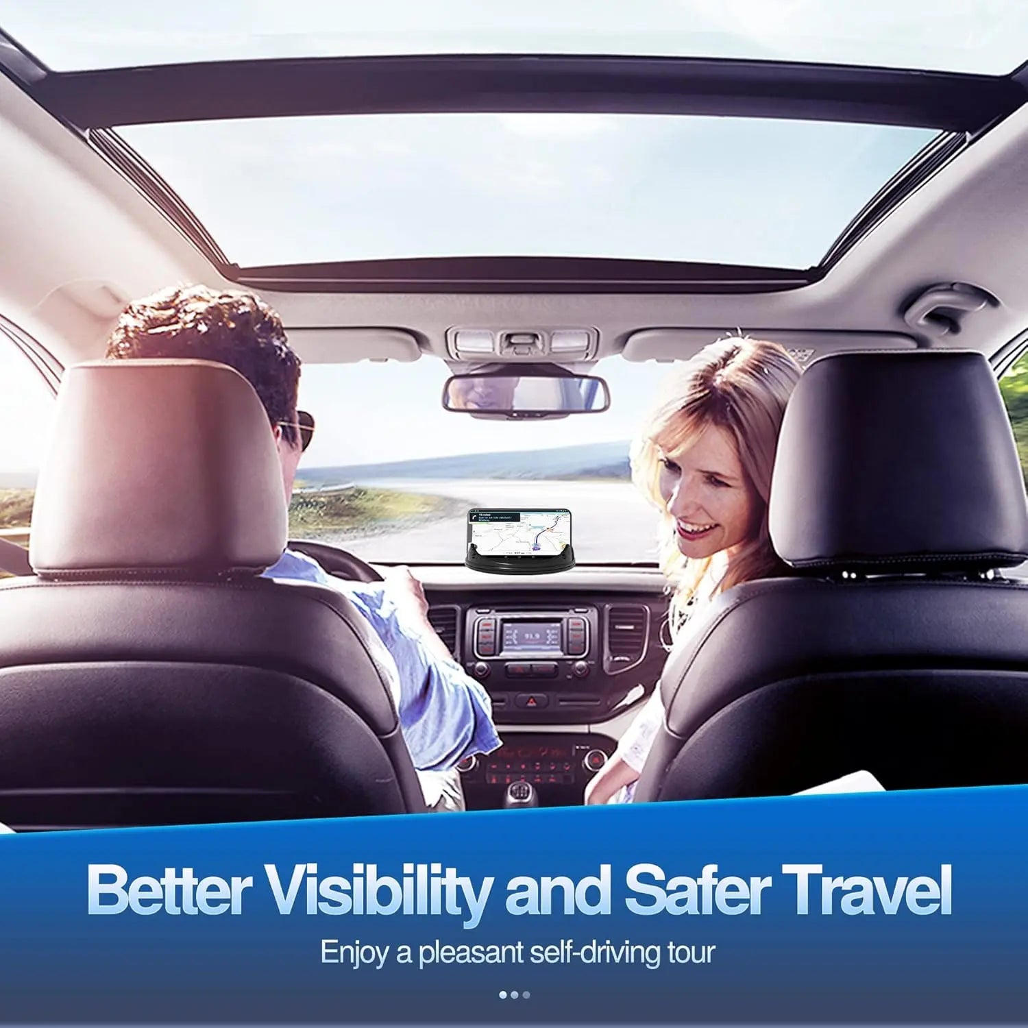 Black Loncaster car phone holder on a dashboard, securely holding an iPhone and GPS device in a slip-free silicone pad.