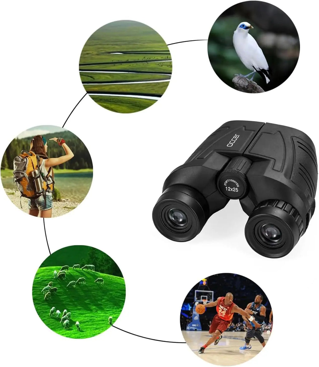 Occer 12x25 compact binoculars with large eyepiece, waterproof design, ideal for bird watching and outdoor adventures.