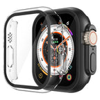 Black tempered glass case for Apple Watch Series 10 and 11, includes two screen protector covers.