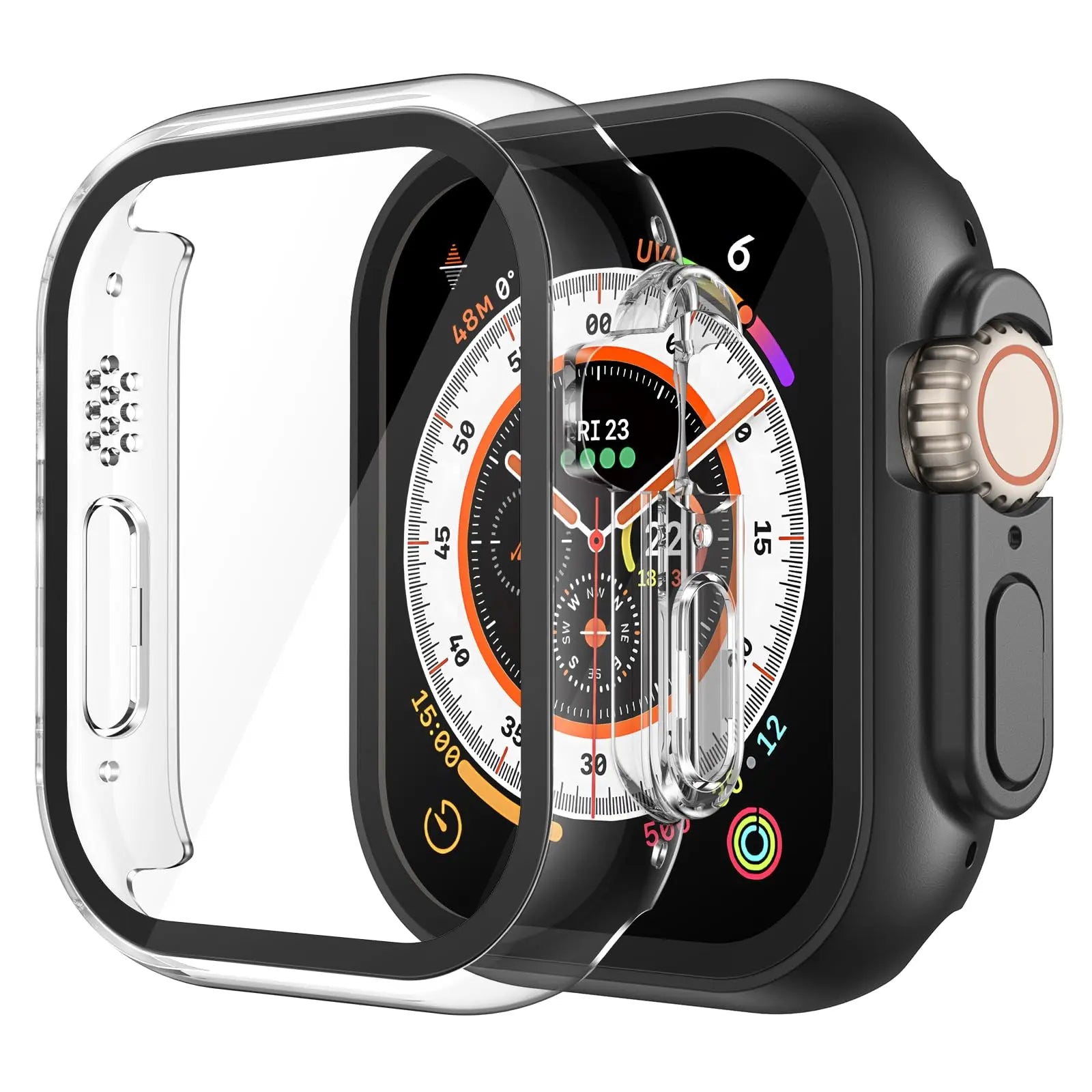 Black tempered glass case for Apple Watch Series 10 and 11, includes two screen protector covers.