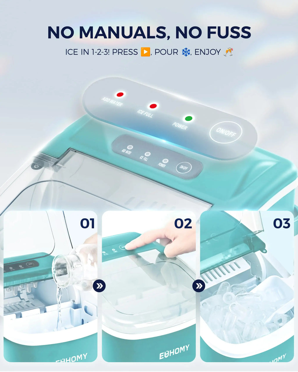 EUHOMY black countertop ice maker machine with handle, producing 26lbs of ice in 24 hours, includes basket and scoop.