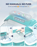 EUHOMY black countertop ice maker machine with handle, producing 26lbs of ice in 24 hours, includes basket and scoop.