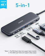 Anker 5-in-1 USB C hub with HDMI output and multiple USB ports, designed for MacBook Pro, MacBook Air, and Dell laptops.