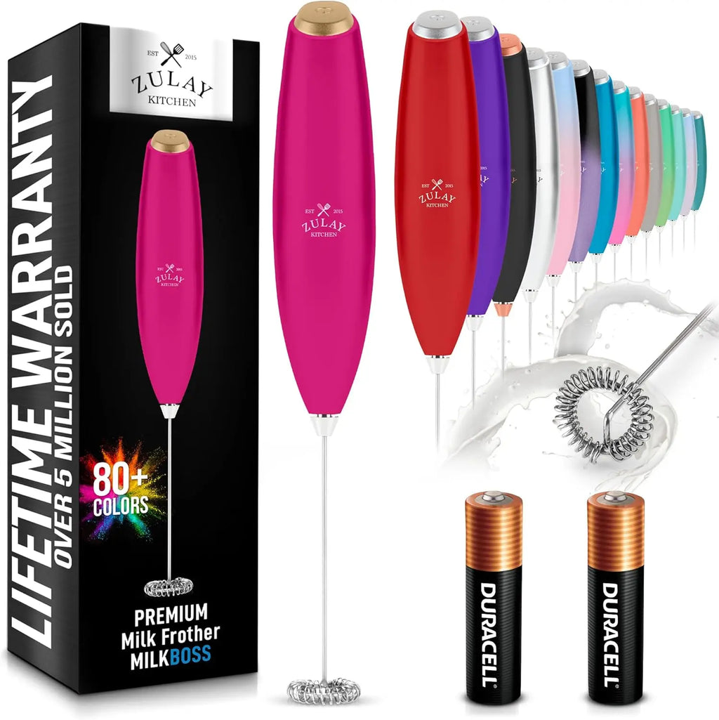 Zulay handheld milk frother in silver with upgraded titanium motor, ideal for lattes, matcha, and coffee blending.