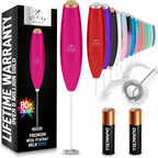 Zulay handheld milk frother in silver with upgraded titanium motor, ideal for lattes, matcha, and coffee blending.