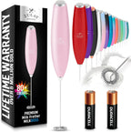 Zulay handheld milk frother in silver, featuring an upgraded titanium motor for whipping lattes and matcha.