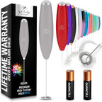 Zulay handheld milk frother in silver with upgraded titanium motor, ideal for lattes, matcha, and coffee blending.