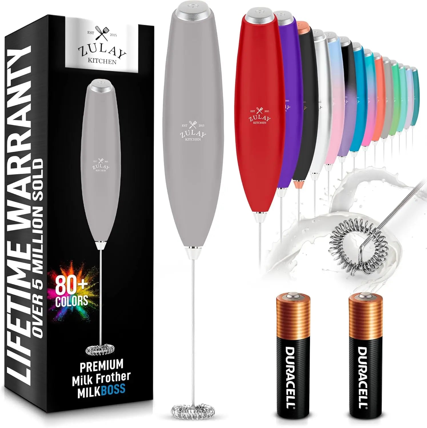 Zulay handheld milk frother in silver with upgraded titanium motor, ideal for lattes, matcha, and coffee blending.