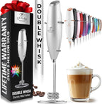 Silver Zulay milk frother with upgraded titanium motor, handheld design for blending coffee, lattes, and matcha.