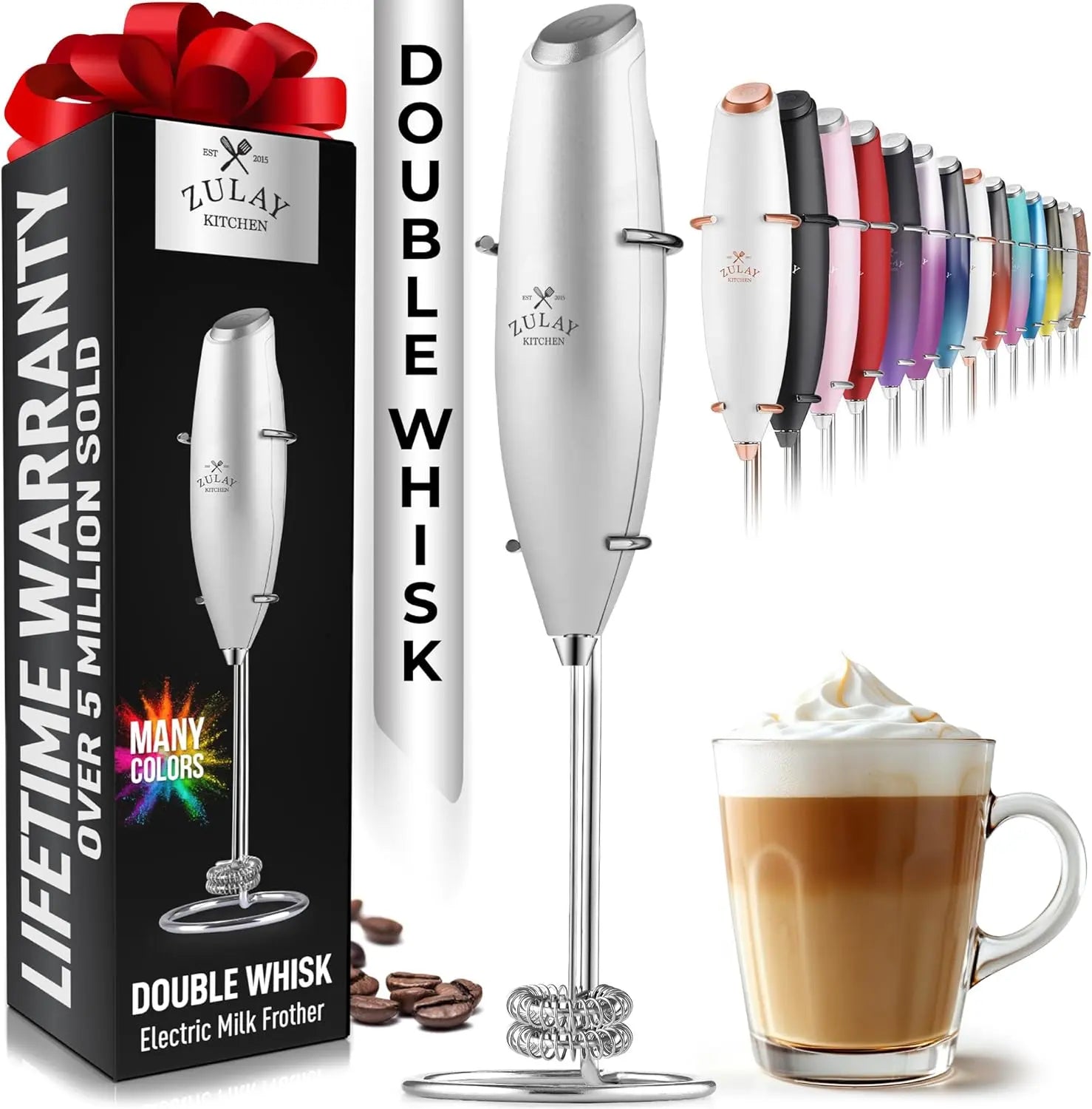 Silver Zulay milk frother with upgraded titanium motor, handheld design for blending coffee, lattes, and matcha.