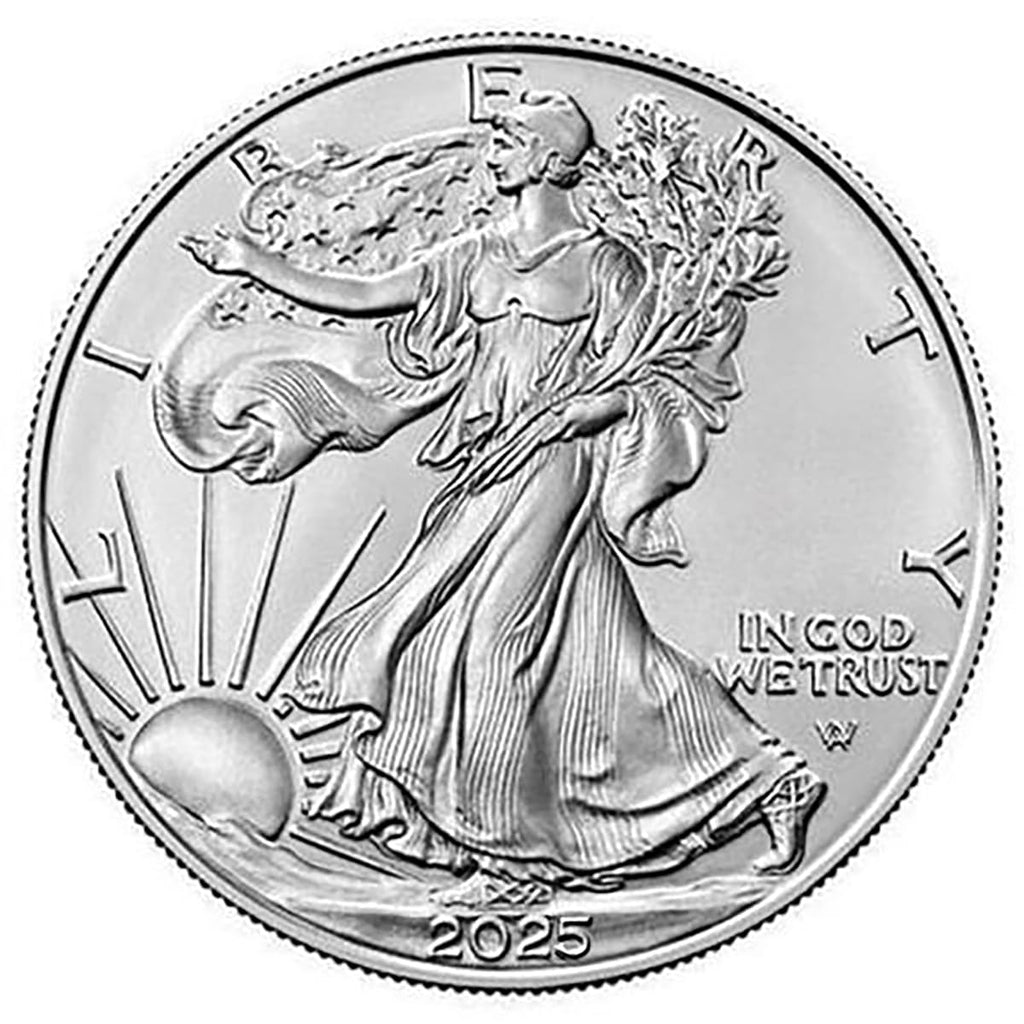 2025 American Silver Eagle coin with .999 fine silver, featuring Smyrnacoin Certificate of Authenticity, uncirculated.