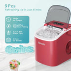 EUHOMY black countertop ice maker machine with handle, producing 26 lbs of ice in 24 hours, shown with basket and scoop.