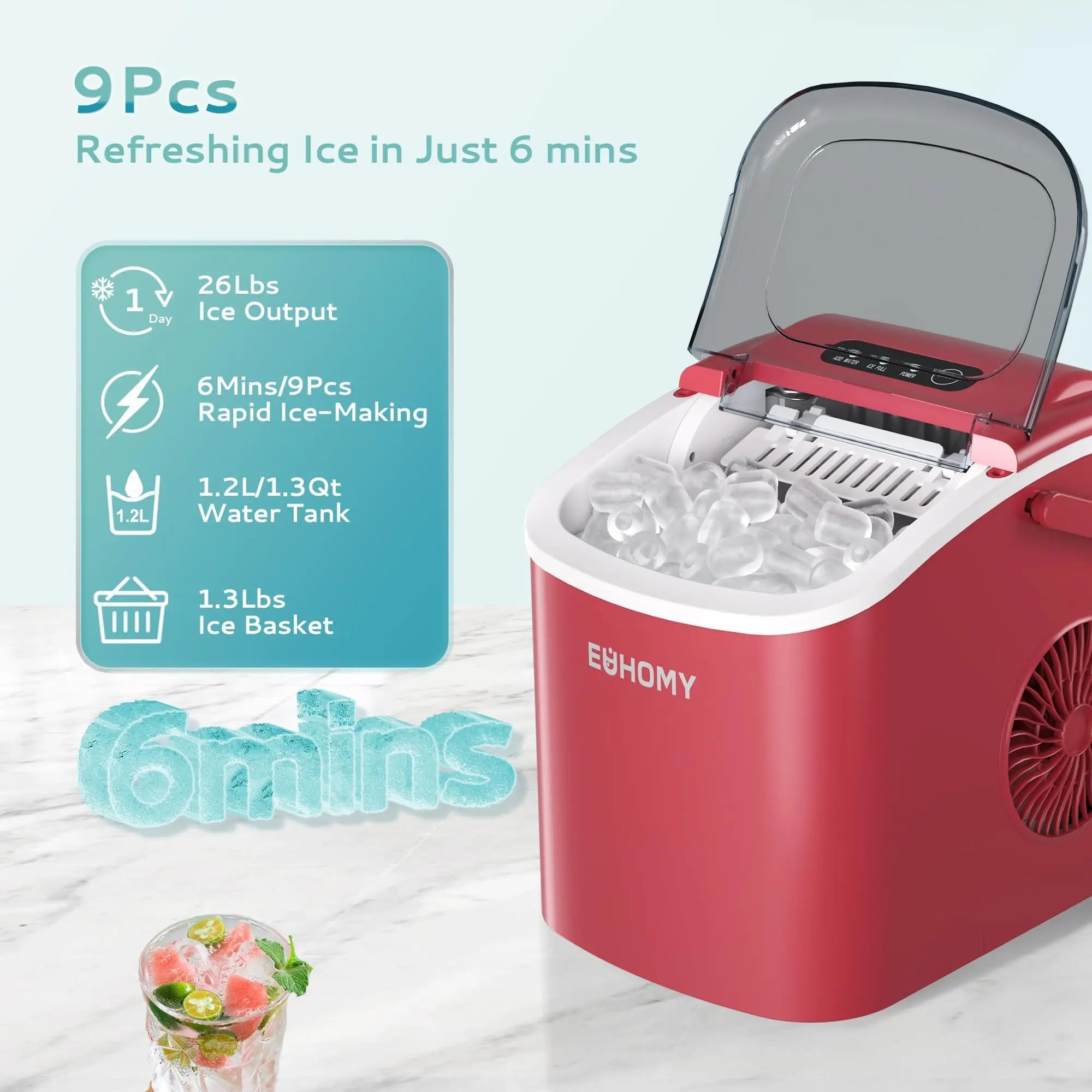 EUHOMY black countertop ice maker machine with handle, producing 26 lbs of ice in 24 hours, shown with basket and scoop.
