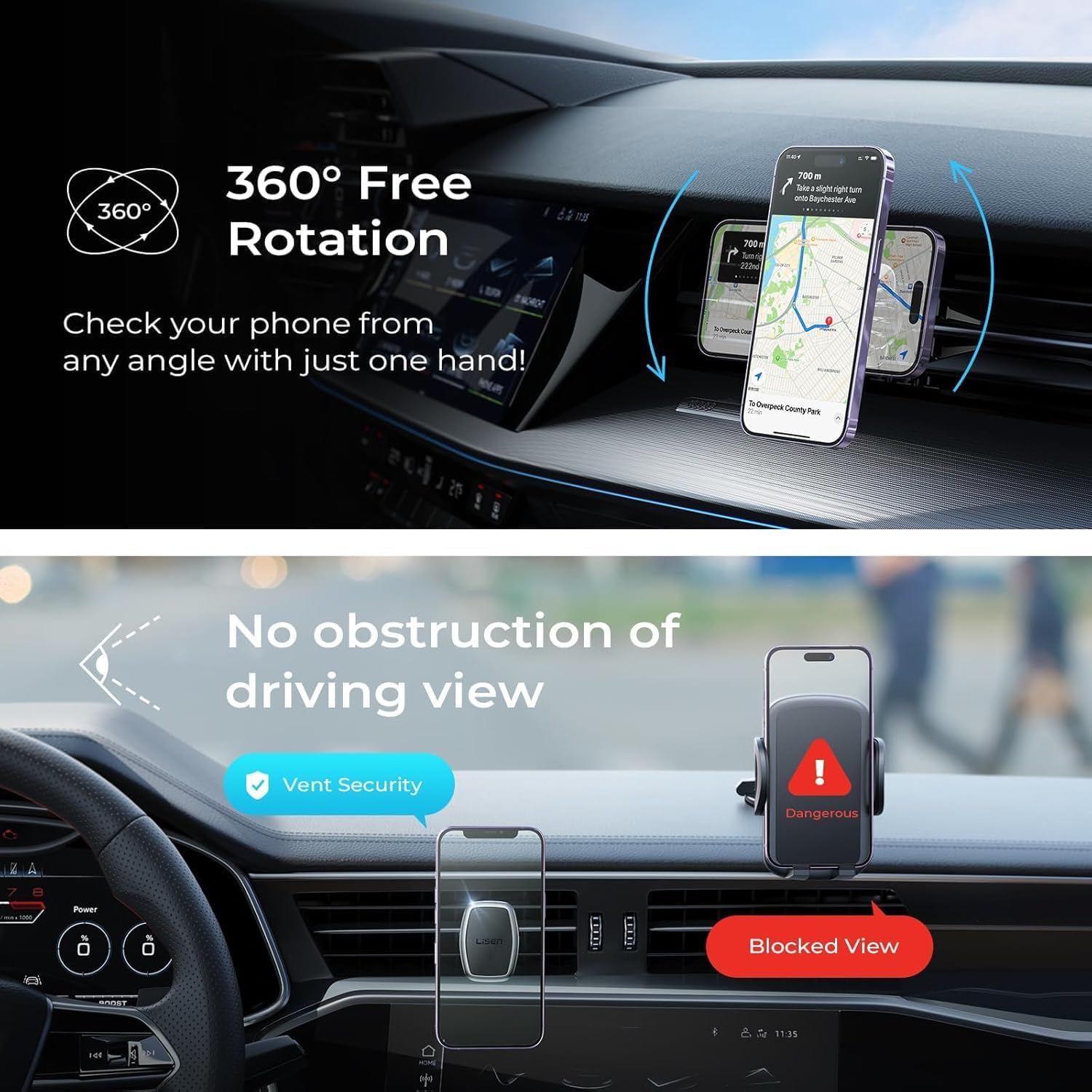 LISEN magnetic phone holder for car, featuring upgraded clip and strong magnets, securely holds Galaxy S25 Ultra smartphones.