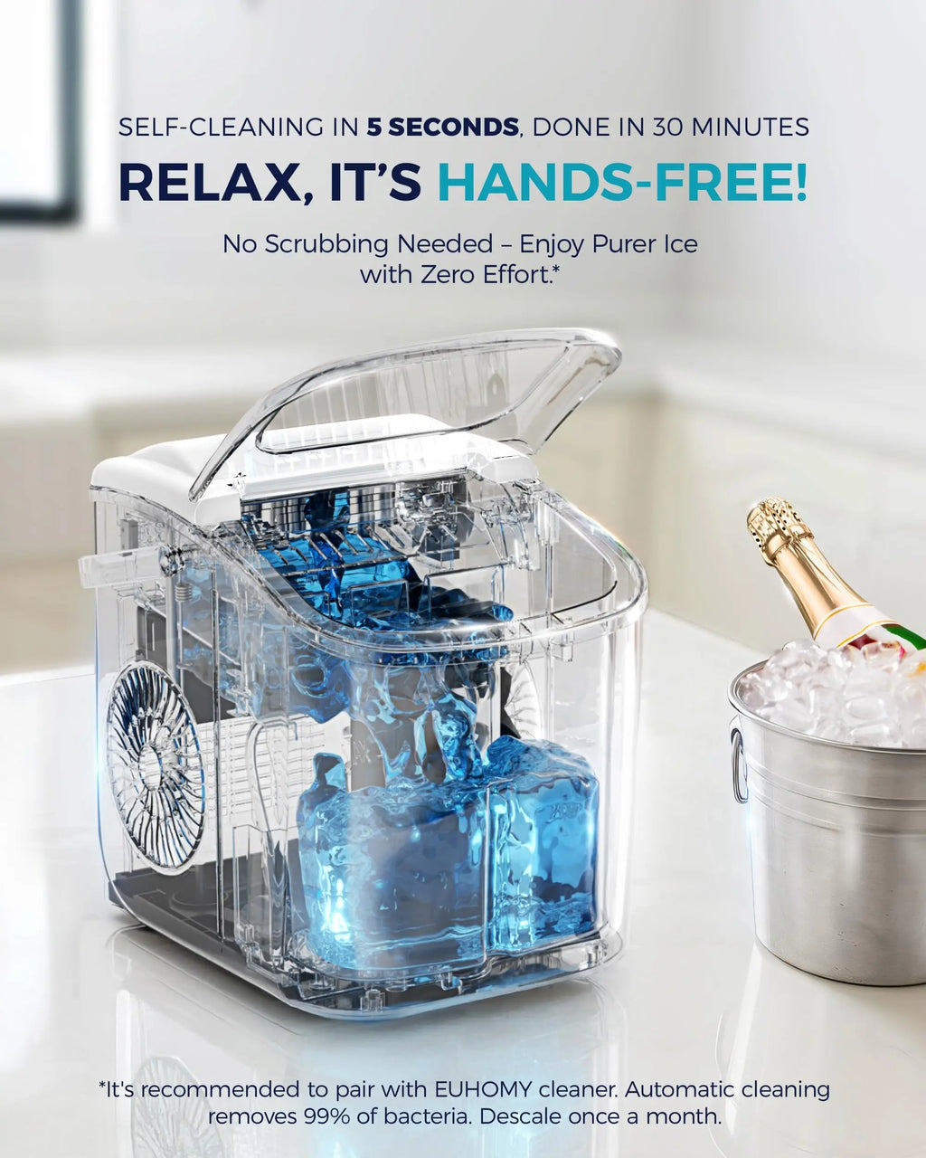 EUHOMY black countertop ice maker machine with handle, producing 26lbs of ice in 24 hours, with basket and scoop.