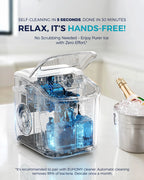 EUHOMY black countertop ice maker machine with handle, producing 26lbs of ice in 24 hours, with basket and scoop.