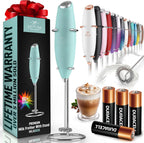 Zulay handheld milk frother in silver, featuring an upgraded titanium motor for frothing coffee and making lattes.