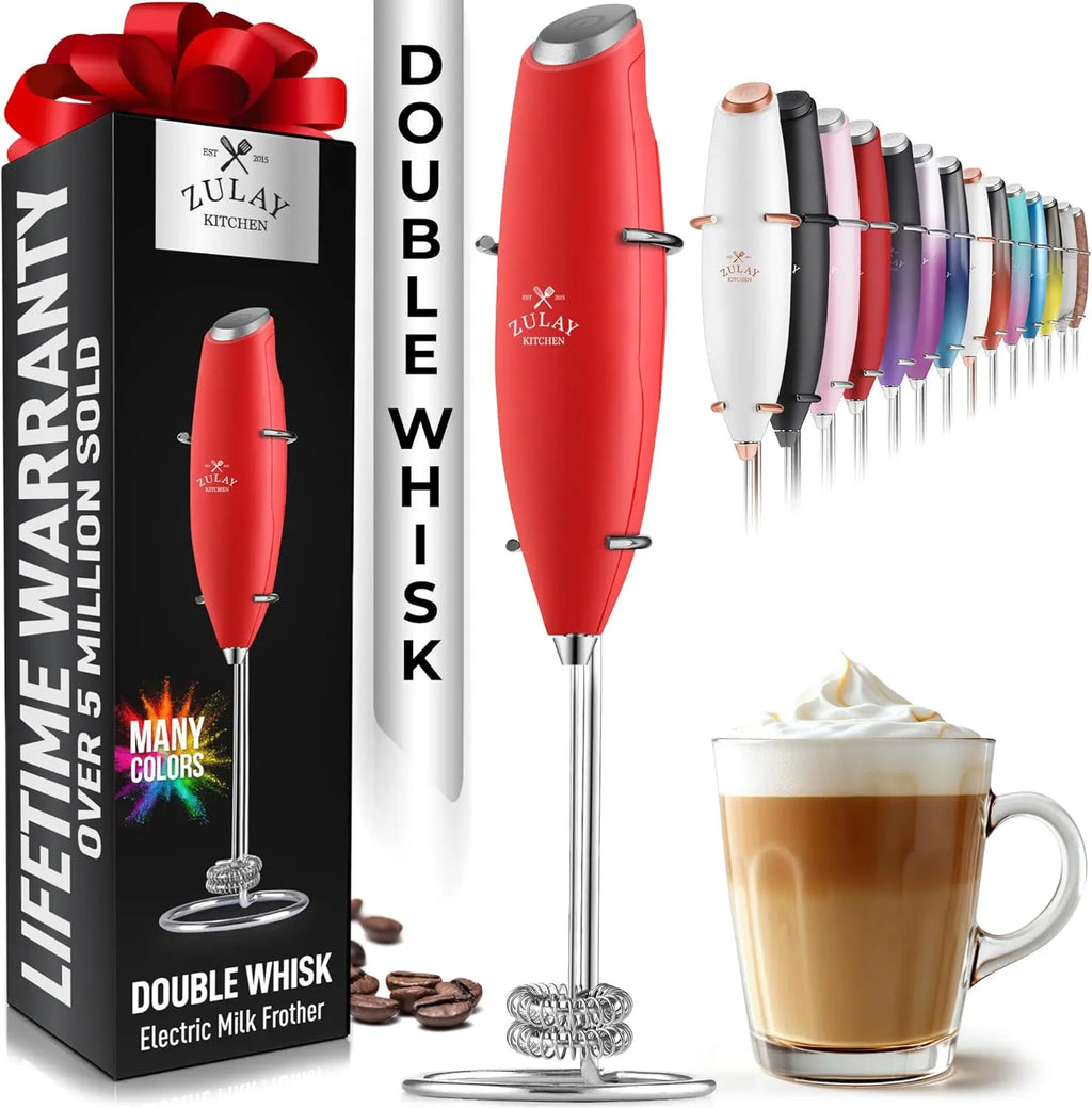 Zulay handheld milk frother in silver, featuring a titanium motor for frothing coffee, lattes, and matcha drinks.